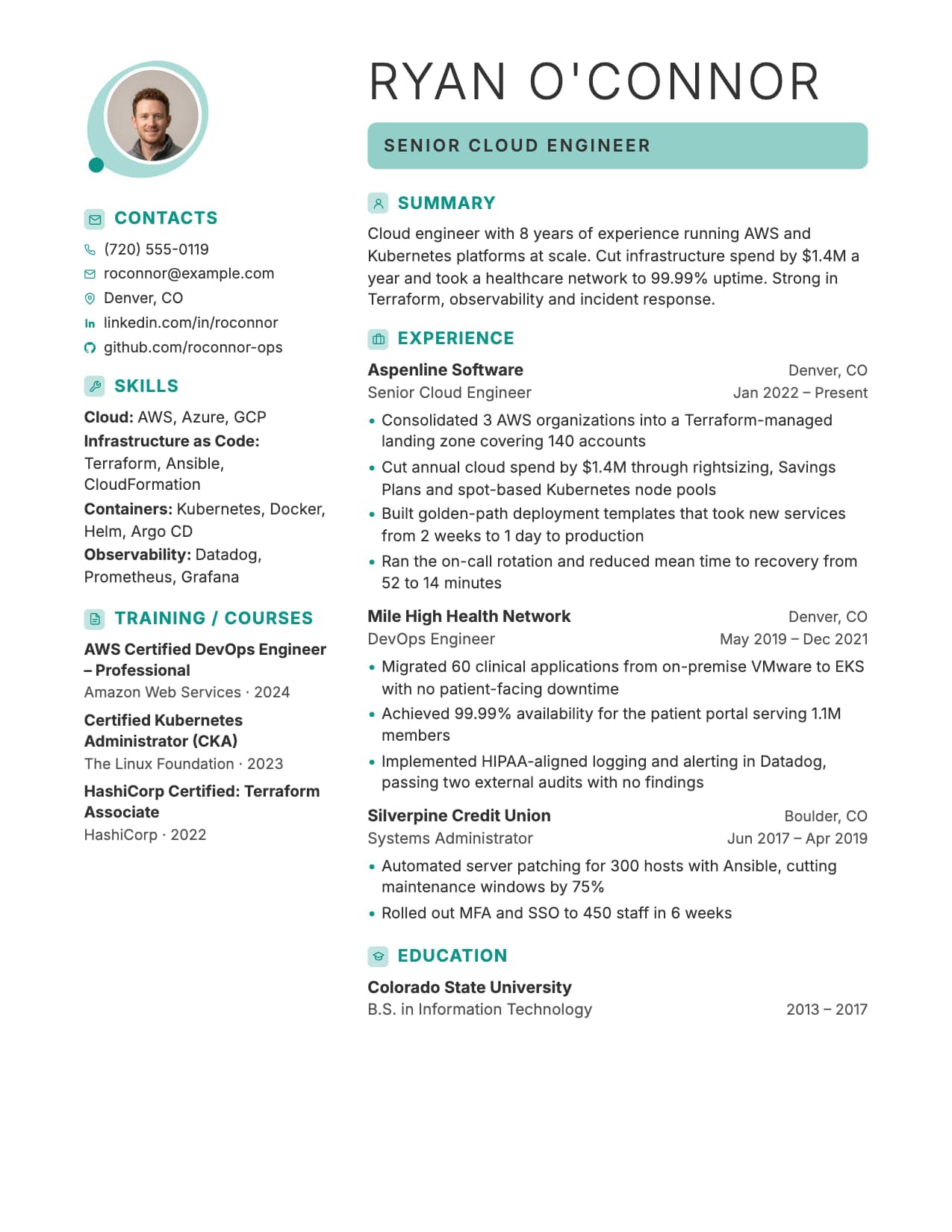 Meridian resume template Meridian two-column resume template with photo and icon headings, shown with a sample cloud engineer resume