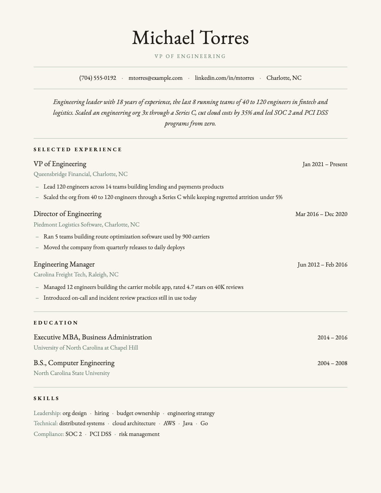 Regent resume template Regent resume template with a centered serif header, shown with a sample VP of Engineering resume